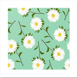 Cute White Daisies Flowers Pattern on Light Green Posters and Art